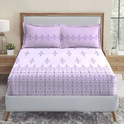 MYTRIDENT Lavender & Purple Floral 210 TC Cotton Fitted King Bedsheet with 2 Pillow Covers-image-37