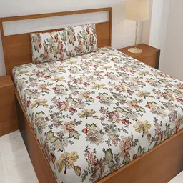 Srijee Decors Orange & White Floral 250 TC Fitted King Bedsheet With 2 Pillow Covers-picture-31