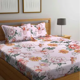 Arrabi Pink & Multicoloured Floral 300 TC King Bedsheet with 2 Pillow Covers-image-56