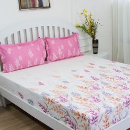 GM Off-White & Pink Floral 144 TC Cotton 1 Super Queen Bedsheet with 2 Pillow Covers-image-6