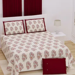JAIPUR PRIME Maroon & Cream Ethnic Motifs 210 TC King Bedsheet with 2 Pillow Covers-image-50
