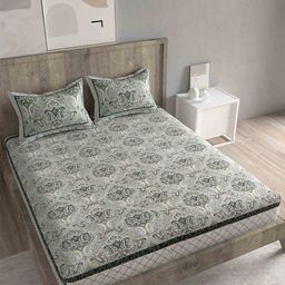 Spangle Green & White Ethnic Motifs Cotton 260 TC King Bedsheet with 2 Pillow Covers-image-21