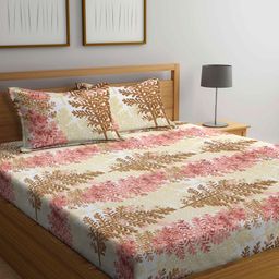 Arrabi Pink & Brown Floral 300 TC King Bedsheet with 2 Pillow Covers-image-11