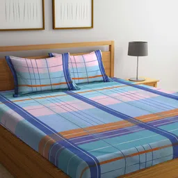 Arrabi Blue & Pink Geometric 300 TC King Bedsheet with 2 Pillow Covers-image-19