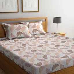 Arrabi Cream-Coloured & Brown Floral Printed 300 TC King Bedsheet With 2 Pillow Covers-image-68