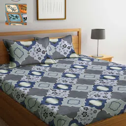 Arrabi Pack of 2 Grey & Blue Graphic 300 TC 2 King Bedsheet with 4 Pillow Covers-93