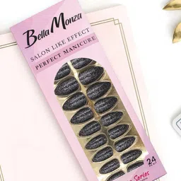 JENNA 24-Pcs French Tip Almond Shape Press-On Artificial Glitter Nails - Black-17