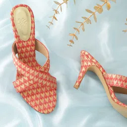 House of Pataudi Women Red & Gold-Toned Handcrafted Printed Slim Heel Sandals-37