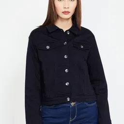 Xpose Women Navy Blue Washed Denim Jacket-image-91