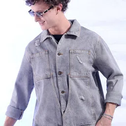 The Indian Garage Co Grey Relaxed Fit Distressed Street Wear Carpenter Denim Jacket-image-41