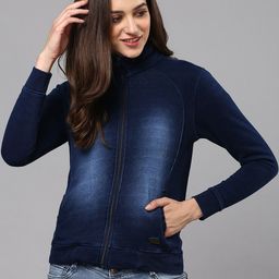 Campus Sutra Women Blue Washed Striped Windcheater Denim Jacket-picture-37