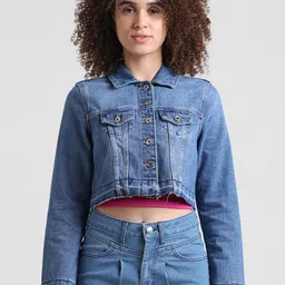 ONLY Spread Collar Washed Pure Cotton Crop Denim Jacket-picture-50