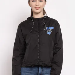 Pepe Jeans Women Black & Blue Printed Lightweight Hooded  Sporty Jacket-image-71