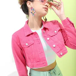 Tokyo Talkies Women Pink Crop Denim Jacket-23