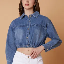 SHOWOFF Women Washed Windcheater Crop Denim Jacket-picture-21