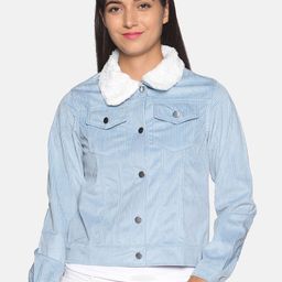 Campus Sutra Women Blue and White Contrast Faux Fur Collar Crop Denim Jacket-image-32