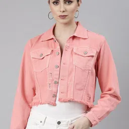 SHOWOFF  Spread Collar Windcheater Crop Denim Jacket-image-41