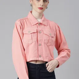 SHOWOFF Spread Collar Windcheater Crop Denim Jacket-image-37