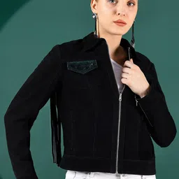 Saint G Leather Water Resistant Crop Denim Jacket with Fringes-37