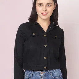 BUY NEW TREND Women Black Washed Checked Lightweight Crop Denim Jacket with Embroidered-image-68