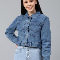 Campus Sutra Women Blue Crop Denim Jacket-image-96