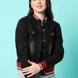 Campus Sutra Black Washed Windcheater Crop Denim Jacket-image-33