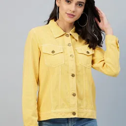 StyleStone Women Yellow Crop Outdoor Denim Jacket-image-48