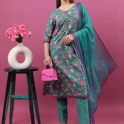KETCH Floral Printed Straight Kurta With Trousers & Dupatta-image-5