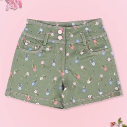 CUTECUMBER Girls Green Floral Printed Denim Shorts-image-55