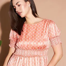 Marie Claire Peach & White Polka Dot Printed Puff Sleeves Satin Cinched Waist Top-image-5