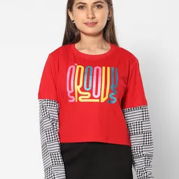 TeenTrums Checked Sleeves Typography Print Cotton Top-image-66