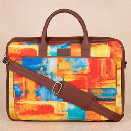 ZOUK Unisex Yellow & Orange Printed Vegan Leather 16 Inch Sustainable Laptop Bag-image-36