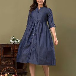 CELEBRAVO Women Mandarin Collar Cotton Fit and Flared Dress-10