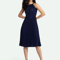 AASK Women Navy Blue Fit & Flare Crepe Dress-image-40