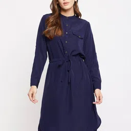 Color Cocktail Women Navy Blue Crepe Shirt Dress-image-32