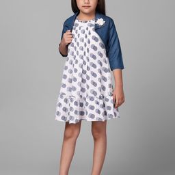 Macwin Girls Geometric Printed Gathered A-Line Dress With Jacket-7