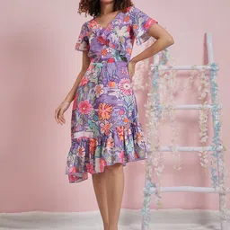 Athena Floral Printed Flared Sleeve Ruffled Crepe A-Line Dress-image-52