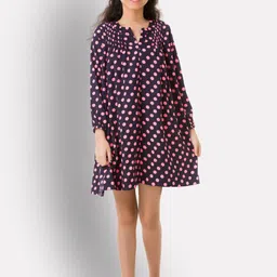 Uptownie Lite Girls Black & Pink Polka Dot Knee Length Crepe A-Line Dress-image-77
