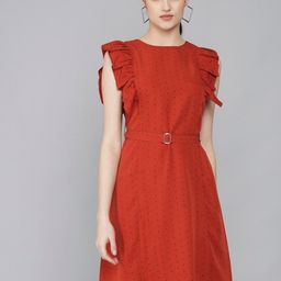 Rudraaksha Creations Polka Dot Printed Flutter Sleeve Crepe Fit & Flare Dress With Belt-picture-1
