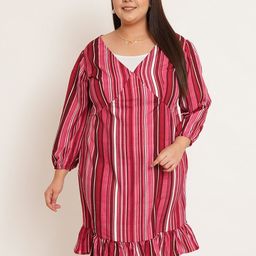 U&F Beyond Striped V-Neck Puff Sleeve Plus Size A-Line Dress-16