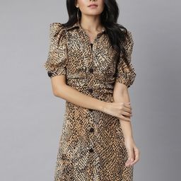KASSUALLY Women Beige & Brown Animal Printed Crepe Shirt Dress-image-36