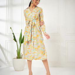 Kibo Abstract Printed Shirt Collar Cuffed Sleeve Tie-Ups Shirt Midi Dress-picture-4