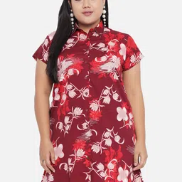 Indietoga Women's Plus Size Maroon Floral Print Shirt Dress-36
