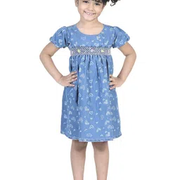 Hola Bonita Girls Conversational Printed Puff Sleeves Denim A-Line Dress-image-76