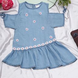 Creative Kids Round Neck Cold-Shoulder Sleeves Denim A-Line Dress-image-29
