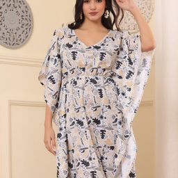 Chanting Blue Conversational Printed Kimono Sleeve Gathered Kaftan Dress-picture-30