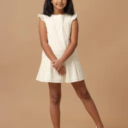 UNDER FOURTEEN ONLY Girls Self Design Flutter Sleeves Schiffli Cotton A-Line Dress-image-37