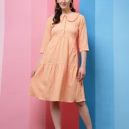 Athena Peach-Coloured Self Design Above the Keyboard Collar Flounce Hem A-Line Dress-picture-2
