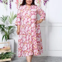 KALINI Floral Printed Mandarin Collar Curved Knee Length A-Line Dress-image-5