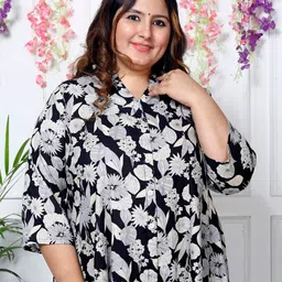 KALINI Floral Printed Mandarin Collar Flared Above Length A-Line Dress-image-99